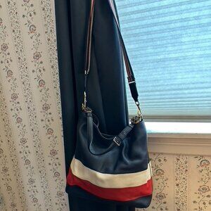Tory Burch Crossbody Leather Bag - Navy Blue, Cream & Red